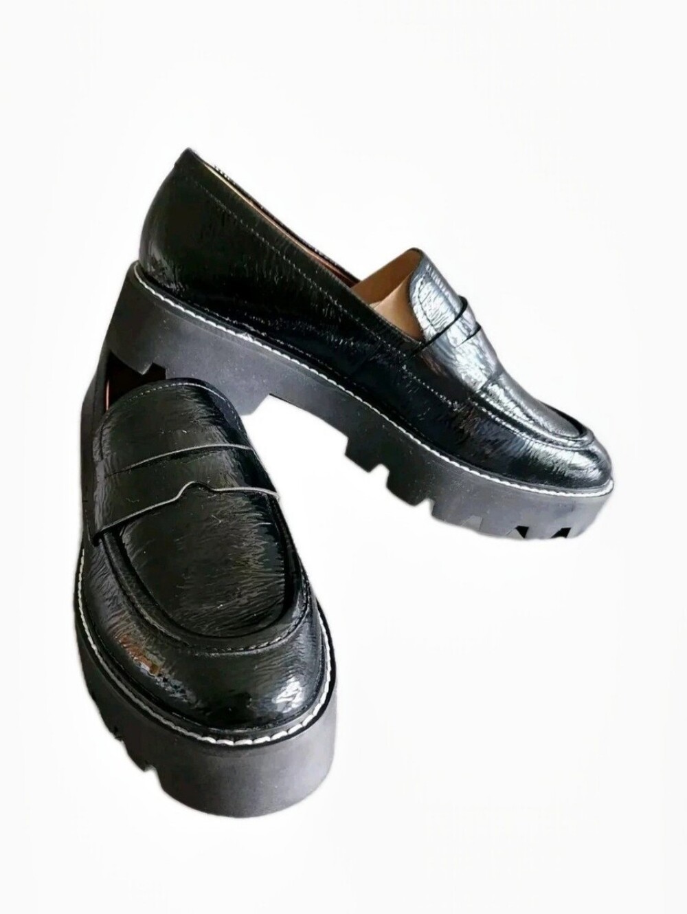 NEW Franco Sarto Loafers Lug Sole Chunky Heel Black Patent Womens Size 9.5